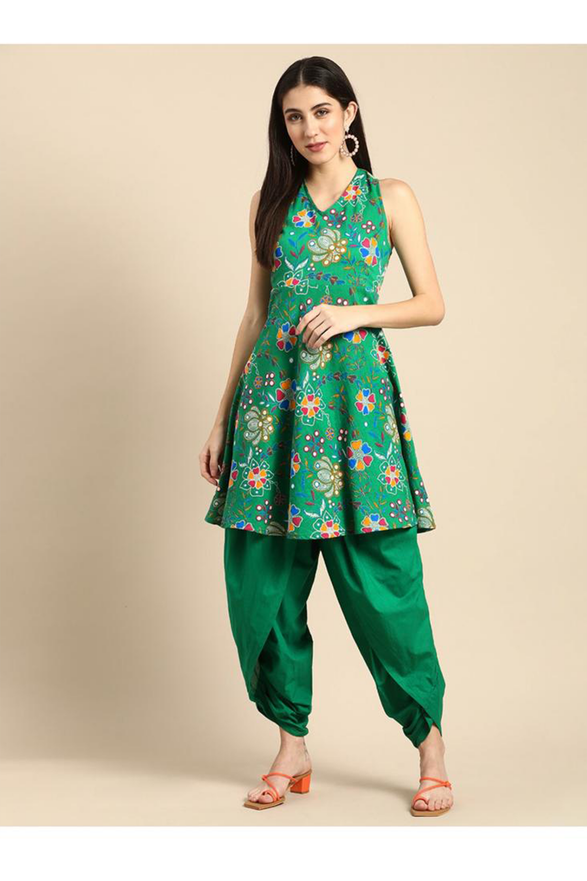 Exquisite Green printed Kurti with Green Dhoti