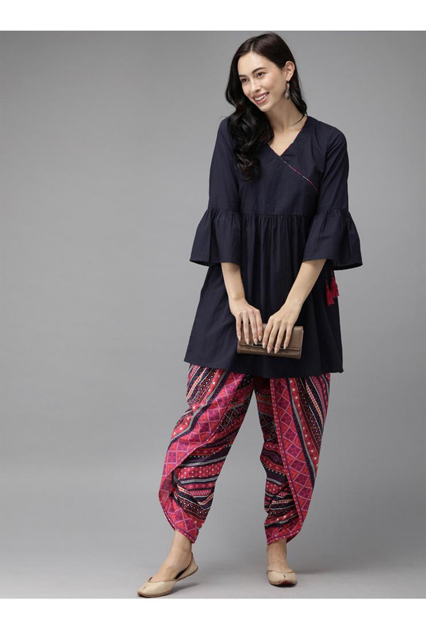 Exquisite Navy Blue Kurti with Printed Pink Dhoti