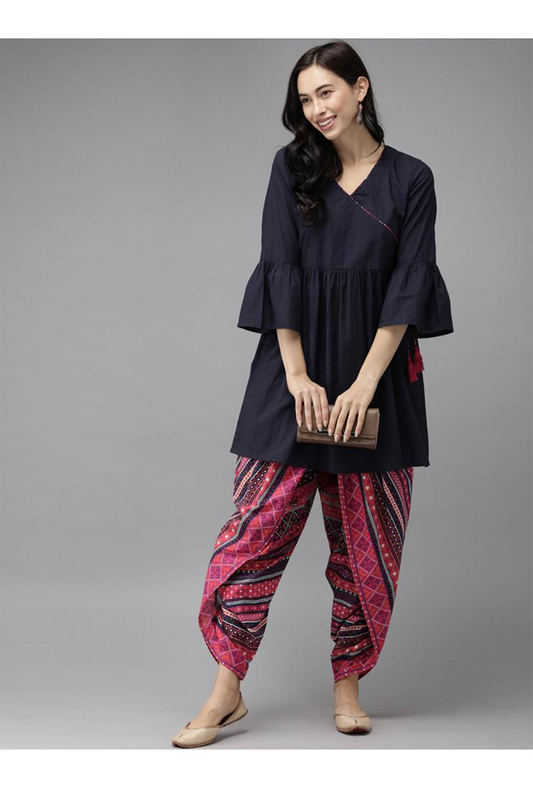Exquisite Navy Blue Kurti with Printed Pink Dhoti