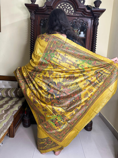 Pure Tassar Ghicha Madhubani Maa Durga Hand Paint Silk Saree