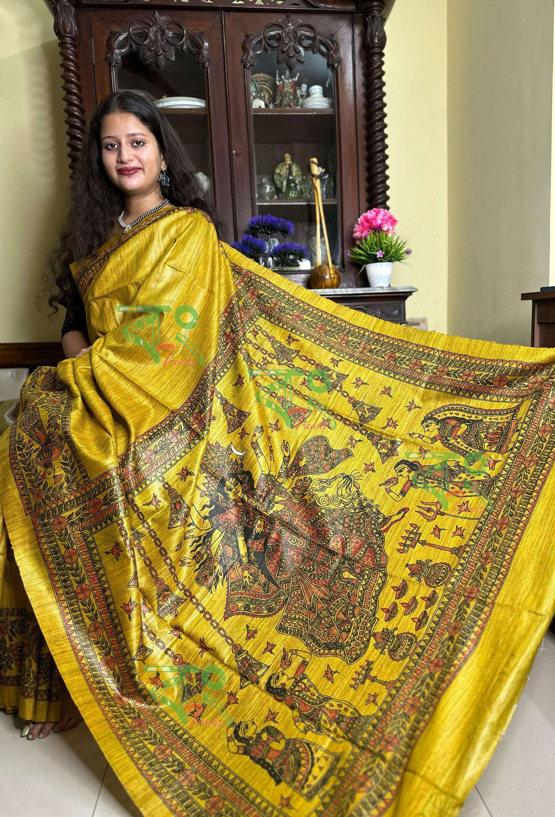 Pure Tassar Ghicha Madhubani Maa Durga Hand Paint Silk Saree